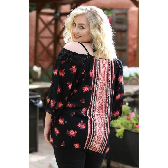 Angie Floral Twin Print Cold Shoulder Top  *  Plus Size - Picture 3 of 3